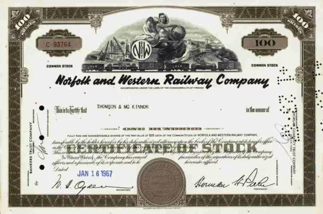 Norfolk and Western Railway Virginia Briston Tenni 1967 brown Certificate 100 Sh