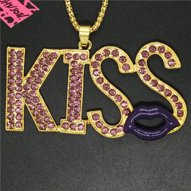 Purple Bling KISS Lipstick Crystal Betsey Johnson Pendant Chain Necklace Gift