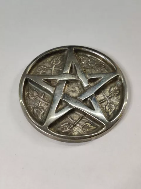 Cast Metal Pentacle w Leaves  Altar Tile Plate Disk Wiccan 3 Inches