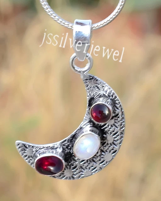 Arc-en-Ciel Lune & Rouge Gemme Grenat 925 Argent Sterling Pendentif / Rp-1515