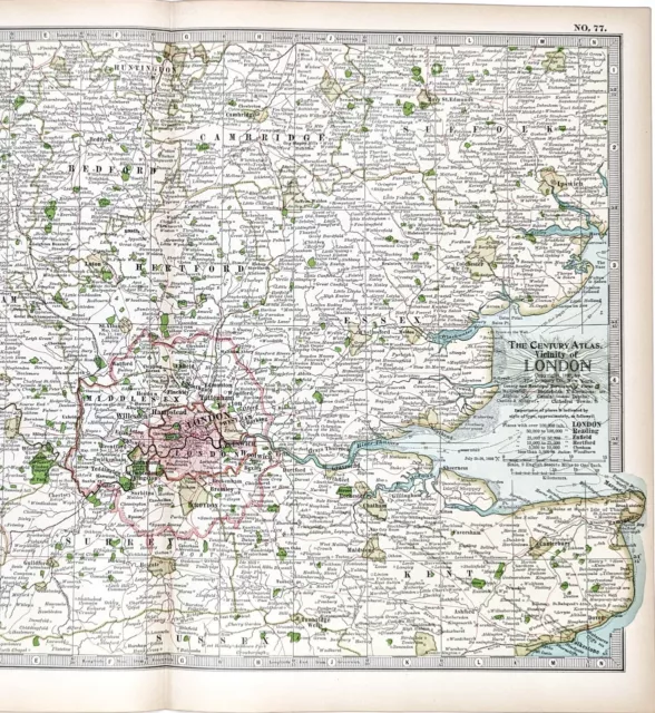 1899 London ENGLAND Map ORIGINAL River Thames Ipswich RAILROADS Battlefields