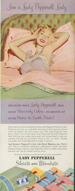 1953 Lady Pepperell Sheets Blankets Lady Nightgown Colors Vintage Print Ad BH2