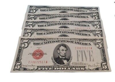 1928 $5 FIVE DOLLAR RED SEAL UNITED STATES NOTE Average Circulated