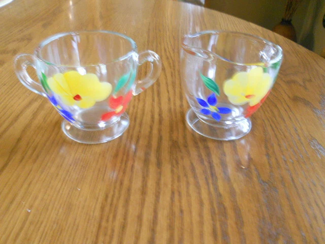 Bartlett Collins Cream Sugar Set VTG Gay Fad Hand Painted flower Clear Glass MCM