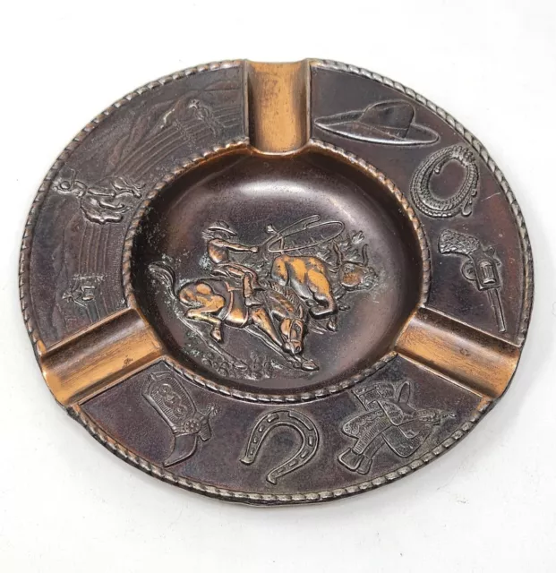 Vintage Copper Ashtray Cowboy Western Theme Made in Occupied Japan