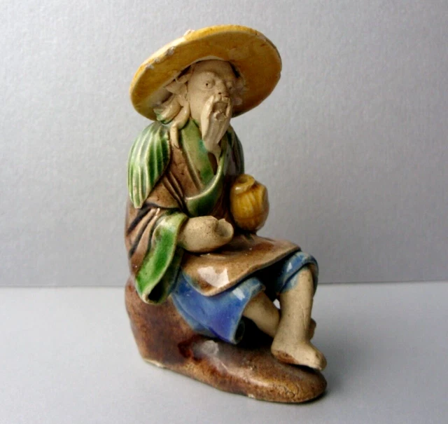 Antique Chinese Mudman Shiwan Glazed Figure Figurine Vintage Seated Fisherman