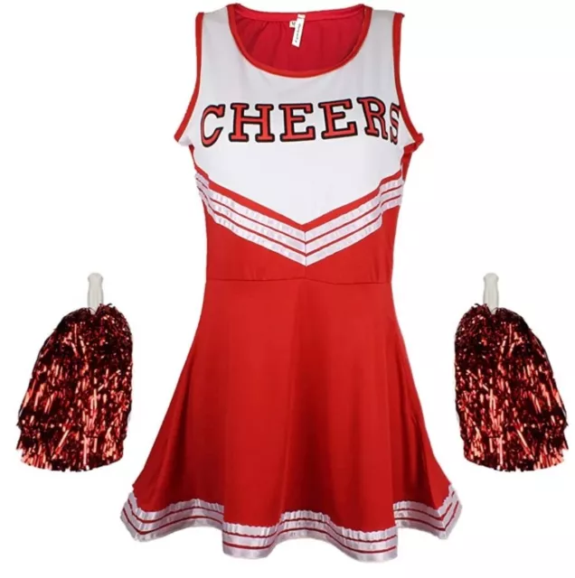 Cheerleader Fancy Dress Outfit Uniform High School Cheer Costume With Pom Poms 