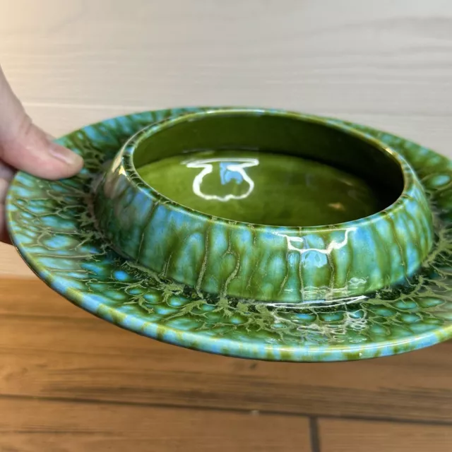 Mid Century ATOMIC Pottery Bowl Oil Spot Green Glaze Finish Freeman McFarlin 8”