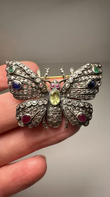 Victorian 18ct Gold Diamond Ruby Sapphire Emerald Butterfly Brooch Stunning