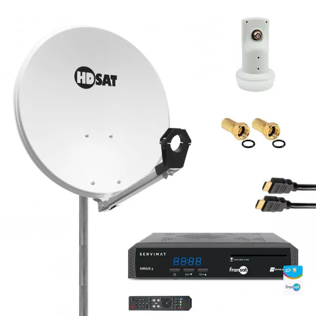 Pack HDSAT Parabole satellite acier 60cm + LNB single + Récepteur FRANSAT + Câbl