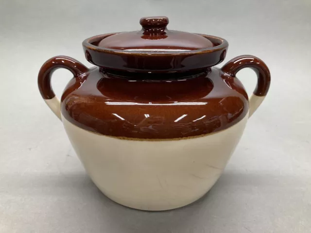 Large Vintage McCoy #1242 Brown/Tan Pottery Crock Bean Pot w/ Lid