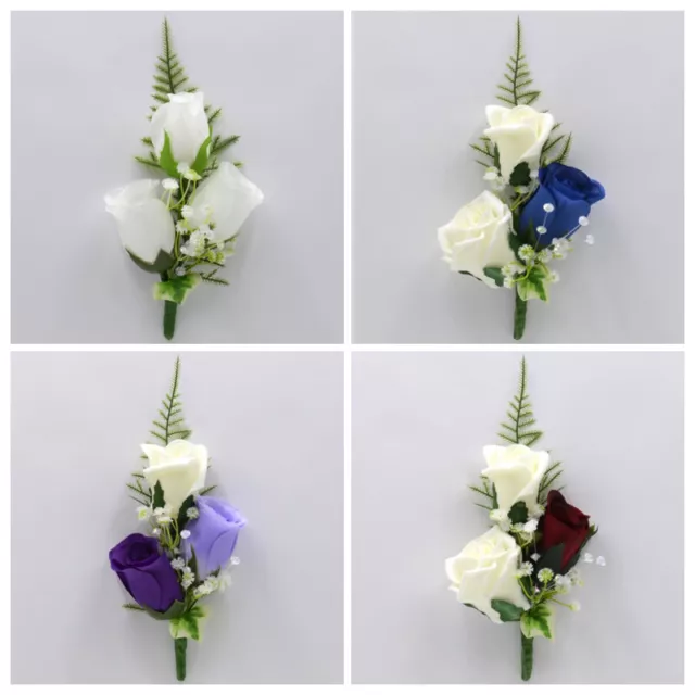 Artificial Wedding Flowers Silk Triple Rose Buttonhole Corsage 28 Colours Groom