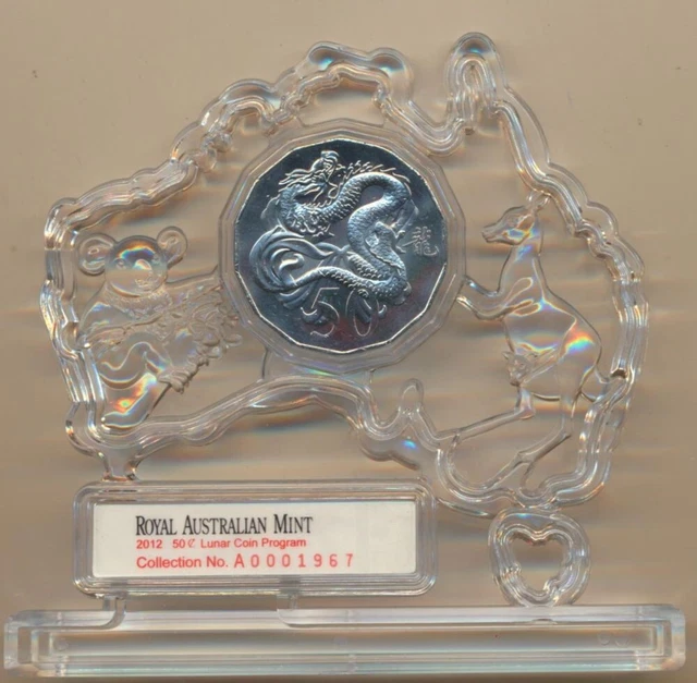 Australia: 2012 50c Lunar Year of The Dragon UNC in RAM Map-shaped Holder