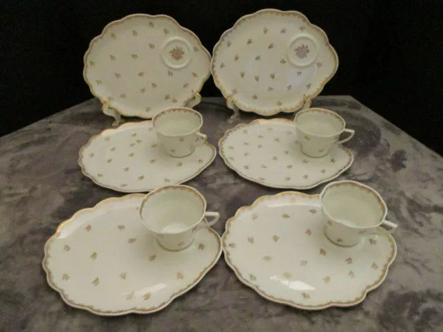 Antique Limoges Pate De Rare Gold Flowers & Trim 6 Snack Plates 4 Dainty Cups