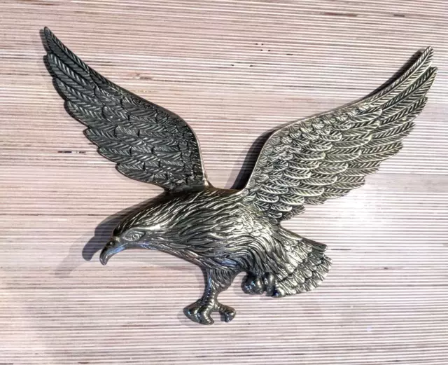 Vintage Cast Metal Brass 16" Flying Eagle Wall Hanging Plaque Americana