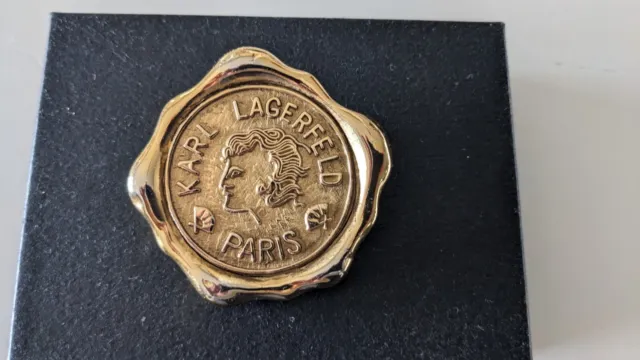 Vintage Karl Lagerfeld Paris Gold Plated Wax Seal Logo Brooch Pin