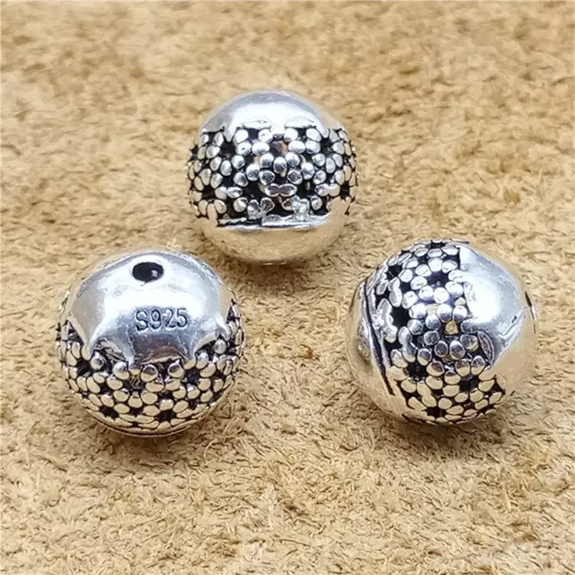 2 Sterling Silver Flower Round Beads Hollow Ball Spacer for Necklace Bracelet