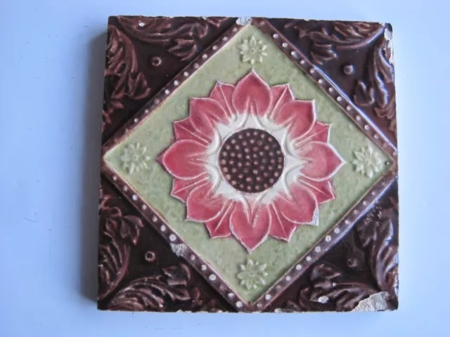 Antique 6" Square Moulded Majolica Glazed Pink Floral Tile