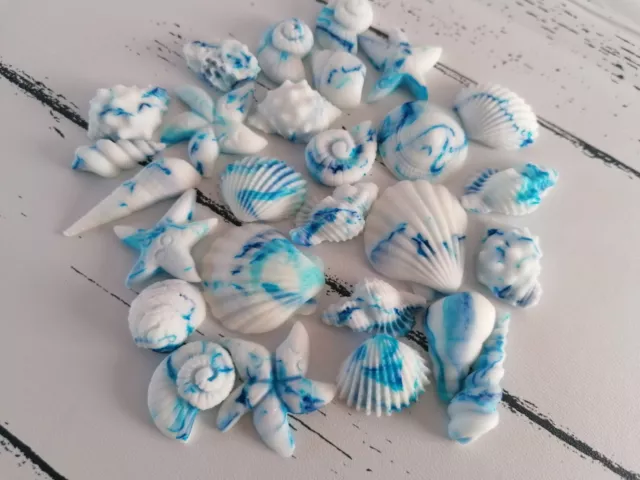 24 Blue Edible Sugar Icing Sea Shells Beach Cupcake Toppers Cake Mermaid