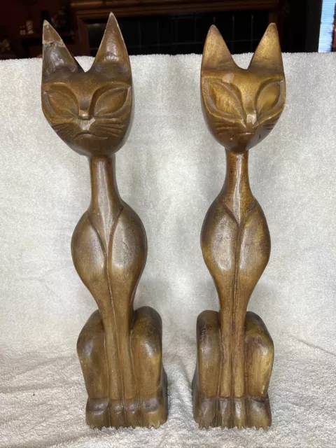 Vintage Wood Carved Cats Set of 2 Monkey Pod Wood MCM Decor 16 1/2” Tall