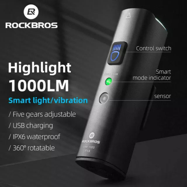 RockBros Bike Headlight Smart Front Light USB Charging Waterproof 400/1000Lumen