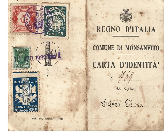 Regno D'italia Carta Di Identita' Monsanvito Federazione Prov.le Fascista Ancona Regno D'italia Carta Di Identita' Monsanvito Federazione Prov.le Fascista Ancona