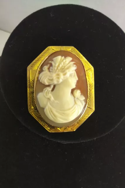 Antique 1800'S Carved Shell Stamped 18 Kt Gold Etched Fine Cameo Brooch