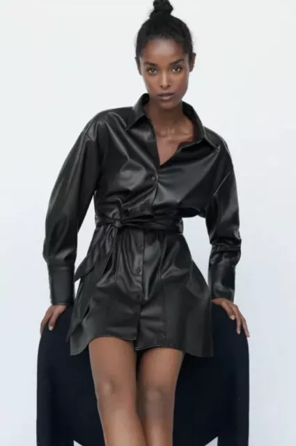 ZARA FAUX LEATHER Long Sleeve Mini Belted Shirt Dress S EUR 35 05