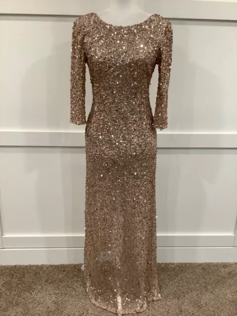 ADRIANNA PAPELL Long Stretch Gold Sequin Formal 3/4 Sleeve Lined Size 8