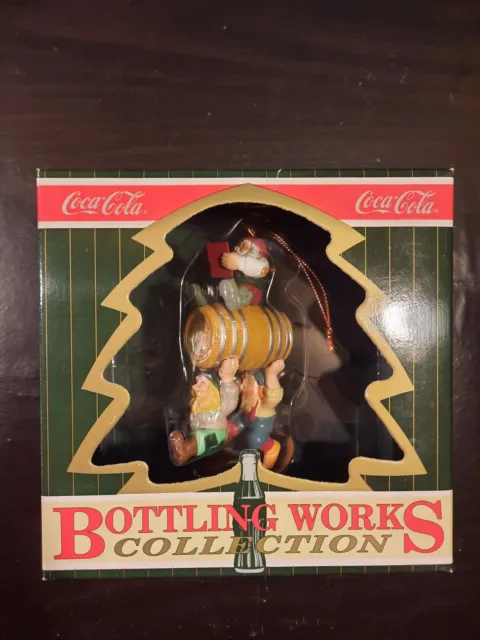 1996 Coca Cola Bottling Works 3 Elves W/ Barrel Of Coke Christmas Ornament