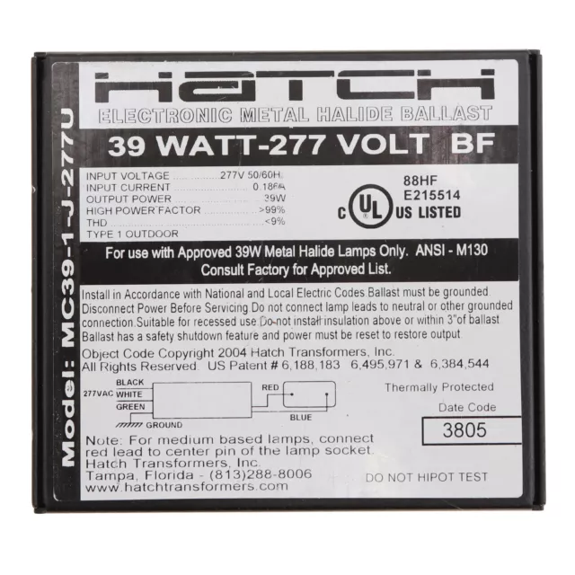 Hatch Lighting Mc39-1-J-277U Electronic Mh Metal Halide Ballast, 39W M130, 277V