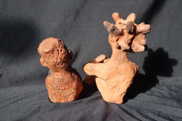 Two Terra Cotta Folk Art Sitting Figurines Red Clay Pottery 3