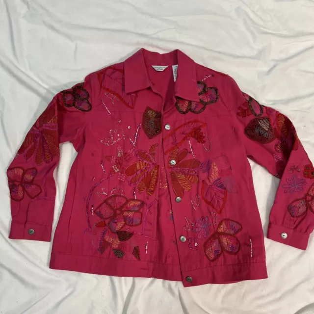 Laura ashley pink embroidered beaded button down long sleeve jacket Size PS