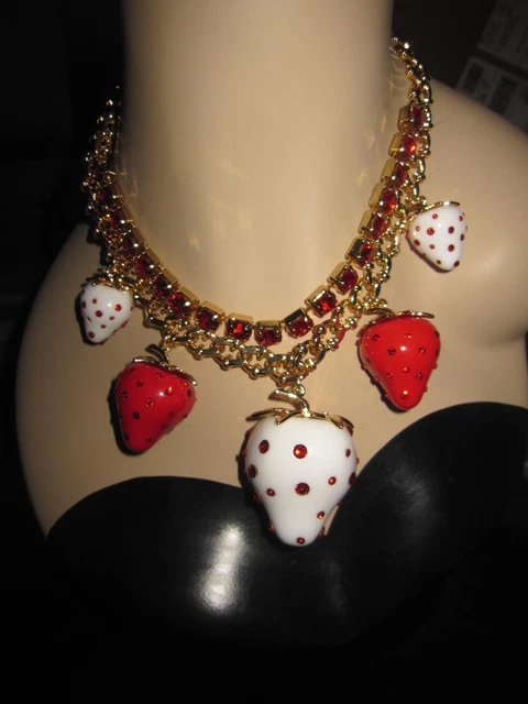 Betsey Johnson Red And White Strawberries And Bling Bib Statement Necklace