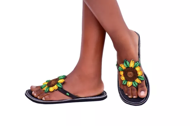Beaded Women Africa Slipper Sandal Bohemian Summer Leather Masai Kenya Sunflower