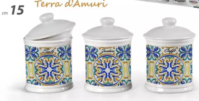 SET 3 Barattoli Sale Zucchero Caffè Tris CERAMICA Contenitore TERRA D'AMURI 15cm