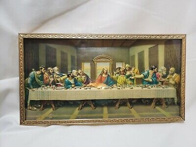 Vintage 3D Dimensional Picture JESUS LAST SUPPER 15” X 8” Metal Frame And Glass