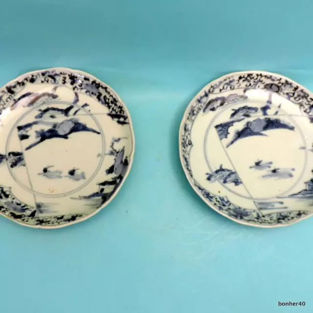 Japanese Porcelain Blue White Antique 19Thc Arita Plates Landscape