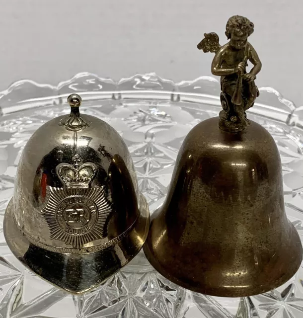 2 Vintage Brass Bells: Metropolitan Police Bobby Helmet H. Seener & Cupid /horn.