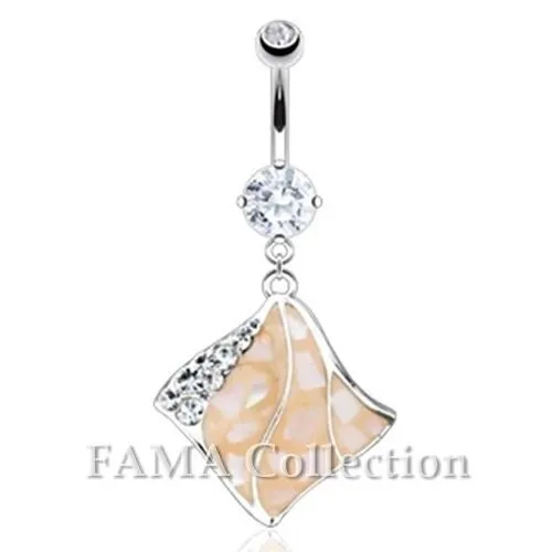 FAMA Abalone Inlay Peach Flag Multi Paved Gem Navel Belly Ring Surgical Steel