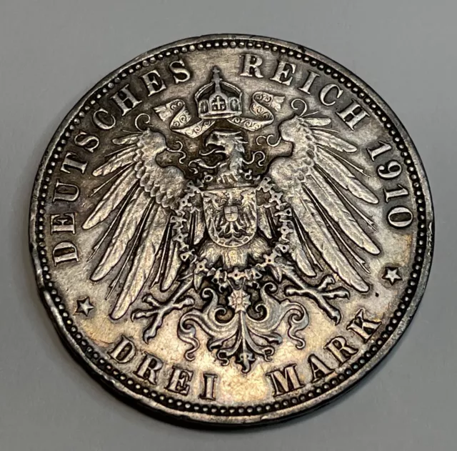 1910 J Germany - Hamburg 3 Mark Silver Coin~ Very Detailed