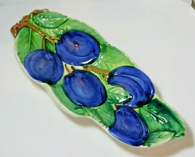 Vintage Majolica Purple Plums Fruit Green Leaves Plate Bow Made in Italy