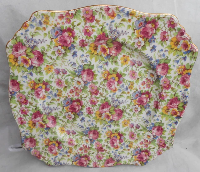 4 ROYAL WINTON GRIMWADES SUMMERTIME CHINTZ DINNER PLATES square GOLD  9 3/4"