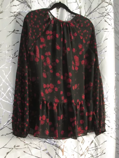 Michael Kors Red Black Roses Peplum Blouse Tie Neck Size S Small Long Sleeves 2