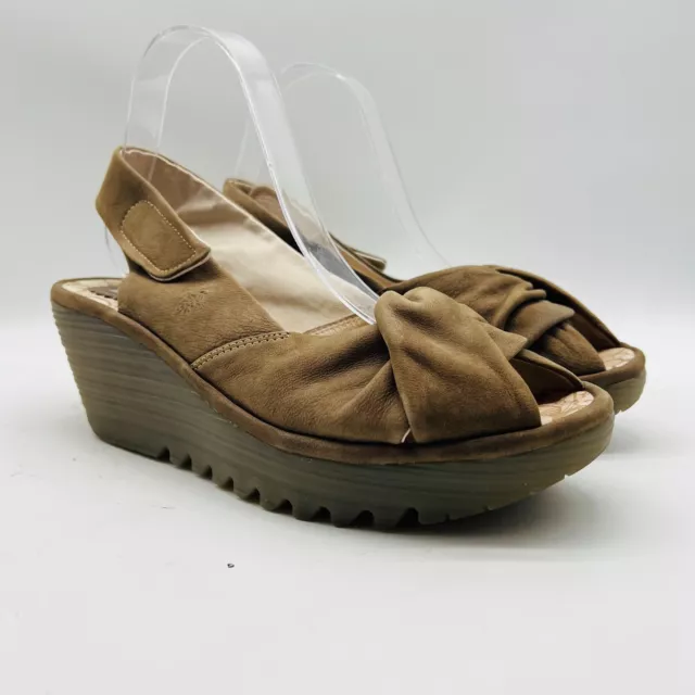 Fly London Shoes Womens 9 Brown Suede Yakin Slingback Wedge Sandals Peep Toe 2