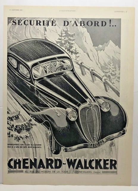 1936 Vintage CHENARD-WALCKER Magazine Automobile Print Ad - Full Page B&W