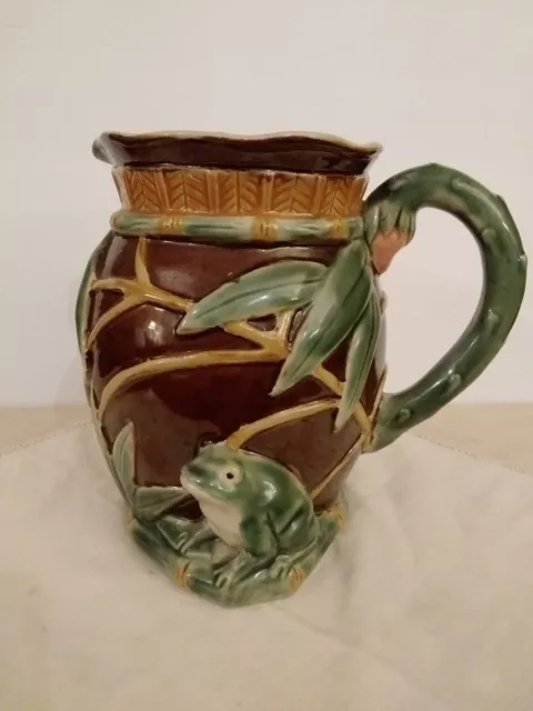 MAJOLICA 2QT PITCHER WITH BAMBOO FROG on Lily Pad MOTIF CERAMIC  Vintage
