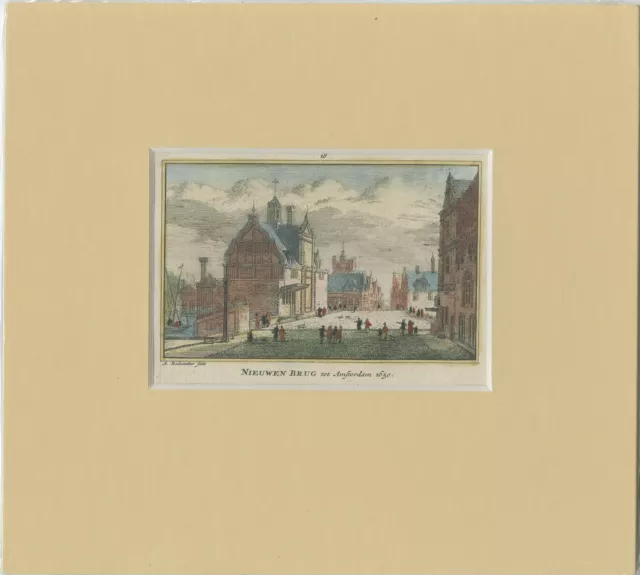 Antique Print of the 'Nieuwe Brug' in Amsterdam by Rademaker (c.1730)