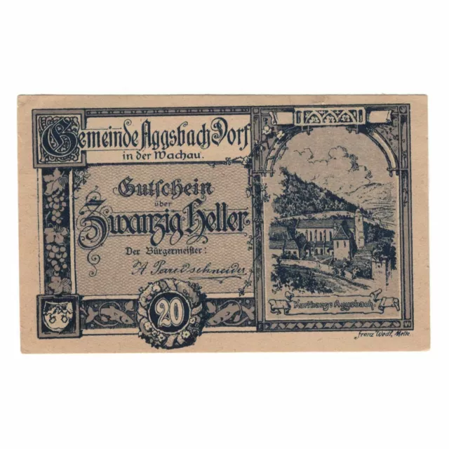 [#324199] Banknote, Austria, Aggsbach Dorf N.Ö. Gemeinde, 20 Heller, Texte, 1920