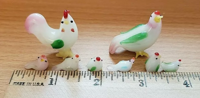 Vintage glass miniature bird family set of 8 micro mini figurine lot rooster hen